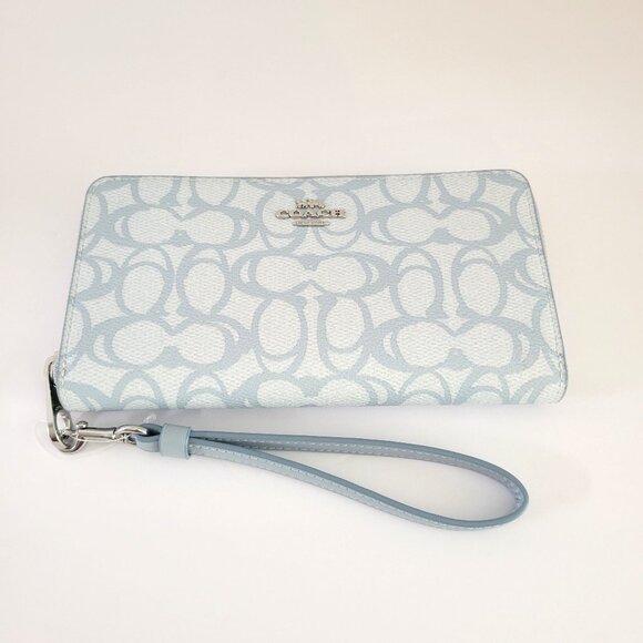 Coach CBO02 Long Zip Around Wallet Sketch Signature Canvas Wristlet Ice Blue - Picture 1 of 6